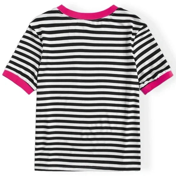 New Striped Hot Pink Patch Pocket Easy Wear Ringer Tee Shirt - Women’s Small (4) - Picture 3 of 5